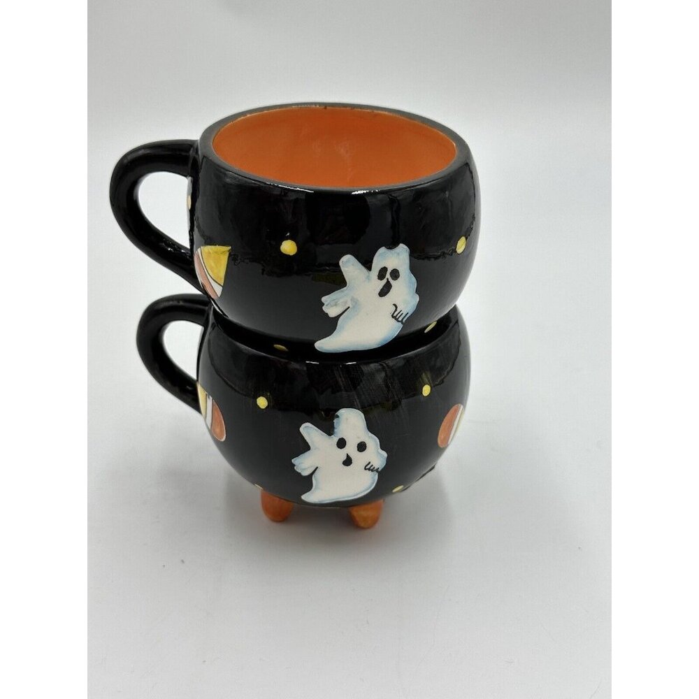 Halloween Black Cat Ghost Mug Coffee Tea 6oz Cup Hand Painted White Orange Set 8 - Picture 4 of 7